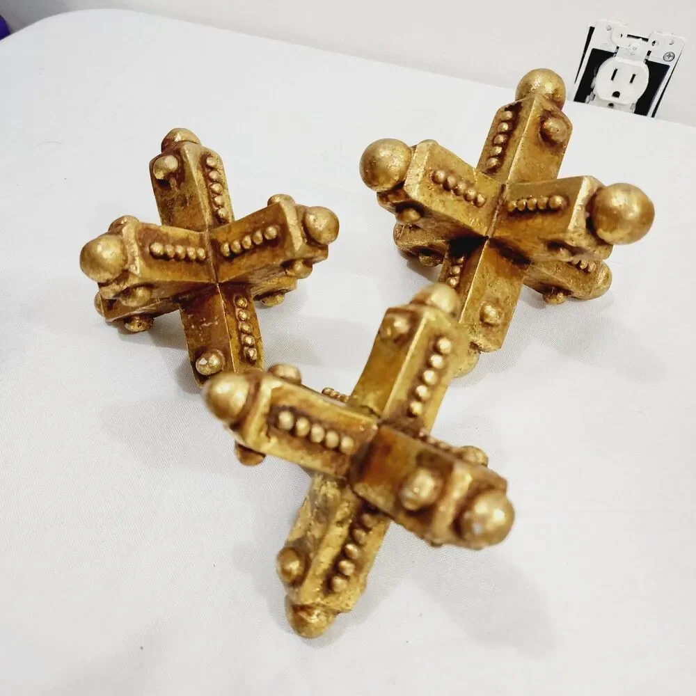 Set of 3 Vintage Gold Jacks Decor Large Mid Century MCM Distressed Paperweight